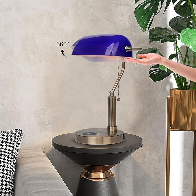 FIRVRE Bankers Lamp with2 USB and Wireless Charging Port，Pull Chain Switch Blue Glass Desk Lamp， E26 Base,Traditional Library Desk Lamps for Home Office,Bedroom,Piano
