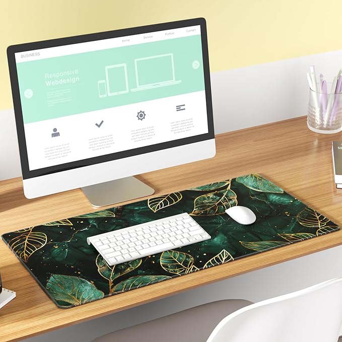 KTRIO Large Gaming Mouse Pad Desk Mat, Superior Micro-Weave Cloth, Non-Slip Rubber Base, Stitched Edges, Water-Resistant, for Gamer, Office & Home, 31.5 x 15.7 Inch，Green Leaves