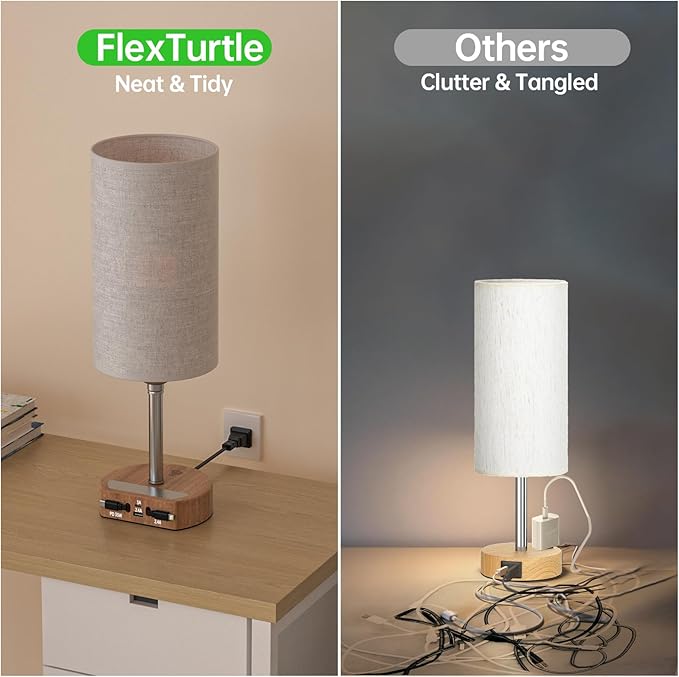 Bedside Lamp with Charging Station 74W【2 * 3.94ft Retractable Cords & 2 USB Ports】, 3 Way Dimmable Touch Lamps for Nightstand with LED Bulb, Small Desk Lamp, Set of 2, Brown Wood Grain