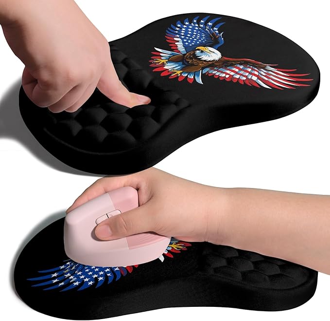 Ergonomic Joint Wrist Support Mouse Pad with Memory Foam Cushion Massage Bump, Carpal Tunnel Mousepad Slope Design for Wrist Rest, 11.8x7.9 in, Eagle Flag
