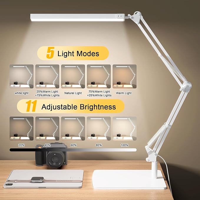 Swing Arm Desk Lamp with Base, 80 LED Beads, 5 Color Modes & 11 Brightness Levels, 360° Adjustable Arm, Eye-Caring Light CRI95, Timer & Memory Function, for Office, Study, Crafting