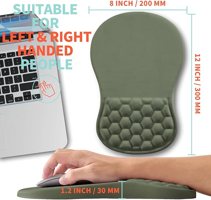 Ergonomic Mouse Pad Wrist Support with Memory Foam Massage Bulge, Carpal Tunnel Mousepad Wrist Rest for Mouse(12x8 inch,Olive Green)