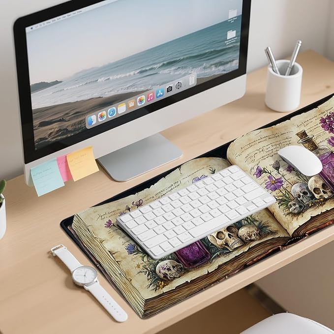 Bookshelf Desk Mat Gaming Mouse Pad Mystic Plants Dark Grimoire Magic Skull Mousepad for Keyboard and Mouse Extra Large Full Desk Computer Pads 31.5 x 11.8 Mouse Pads for Desk Home Office Gaming