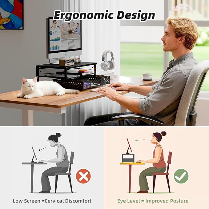Simple Trending Desk Organizer and Accessories, 2-Tier Computer Monitor Stand Riser with Drawer for Office Supplies, Black