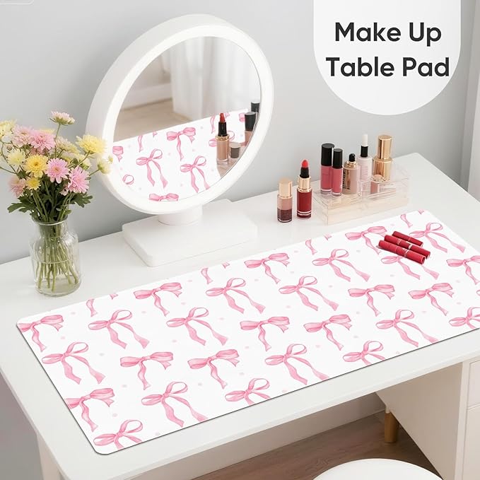 Desk Mat, XXL Large Mouse Pad,Leather Desk Pad Blotter Protector,Computer Laptop Mouse Pads for Desktop,Waterproof Writing Anti-Slip Mousepad for Office and Home I Pink Bow Girly