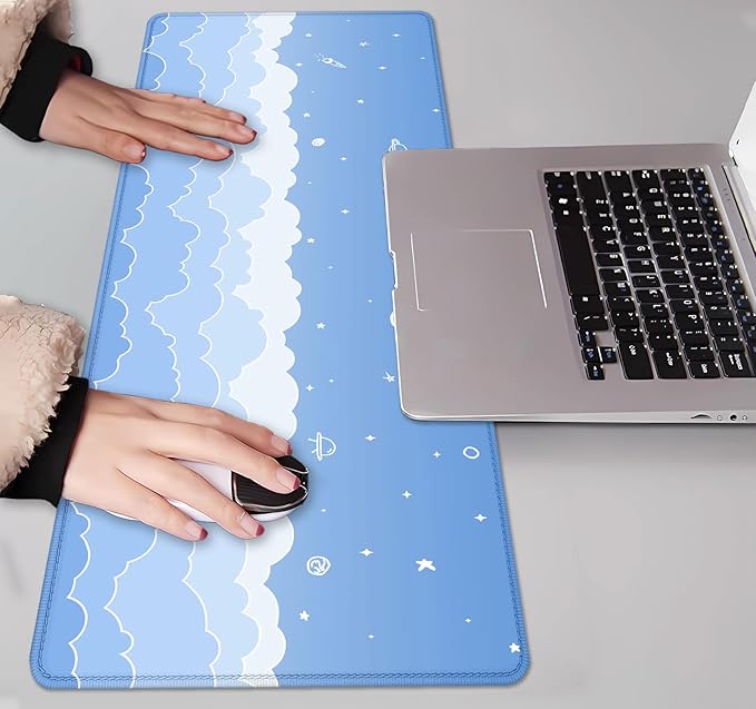 IMAYONDIA Cute Pastel Blue Desk Mat, Aesthetic Stars Moon Desk Pad, Kawaii Anime Deskmat, Gradient White Clouds Computer Pad, Minimalist Large Gaming Mouse Pad Mousepad, 31.5 X 11.8 Inch