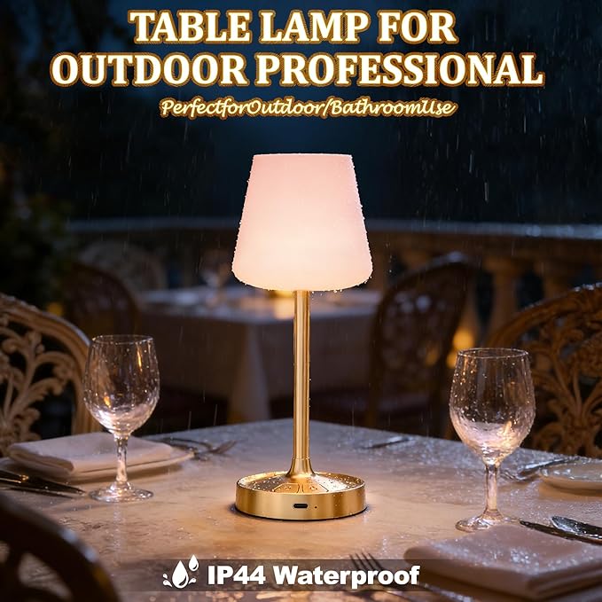Small Shower Lamp Waterproof: Table Lamp with 4000mAH Battery - Rechargeable 3 Dimmable Cordless LED Lamp for Desk Bedroom Living Room Bathroom - Gold Touch Light for Parents Kids