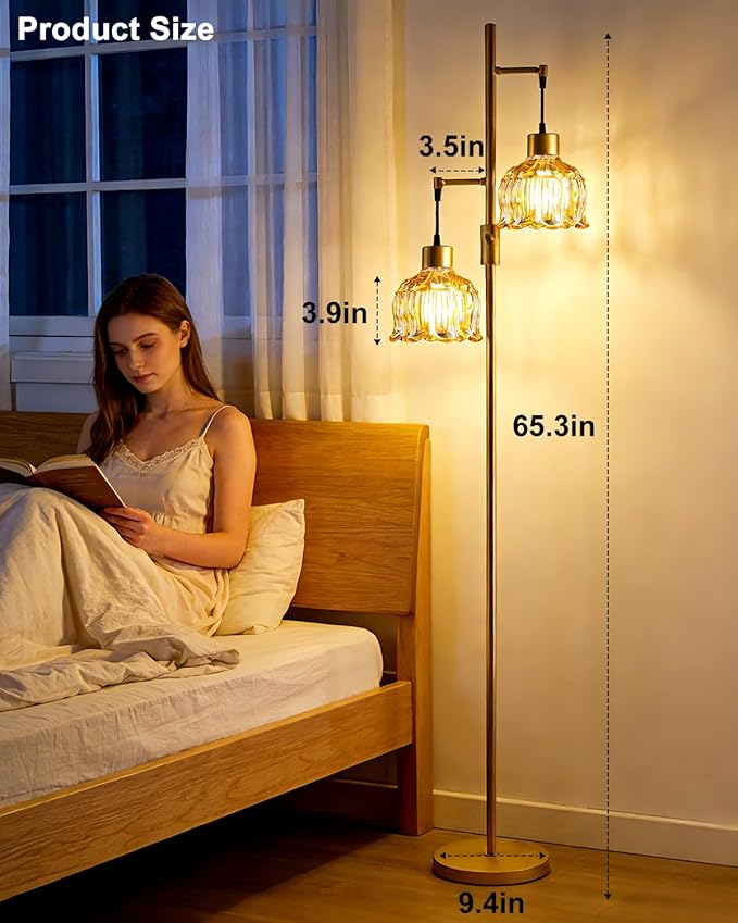 2-Light Gold Floor Lamp for Living Room, 65IN Tall Standing Lamps Dimmable with Brown Glass Lampshade, 3000K Warmwhite Mid Century Modern Floor Lamp for Bedroom/Office/Corner/Sofa Beside