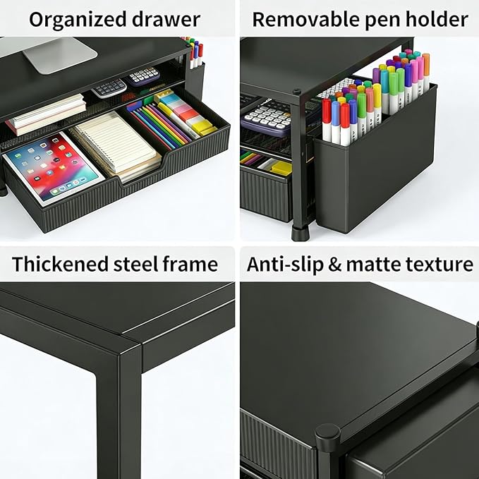 Desk Organizer and Accessories, 2-Tier Computer Monitor Stand Rise with Storage Drawer & 2 Pen Holders, Laptop & Printer Stand for Desktop, Workspace Organizers for Office Supplies (Black 2-Pack))