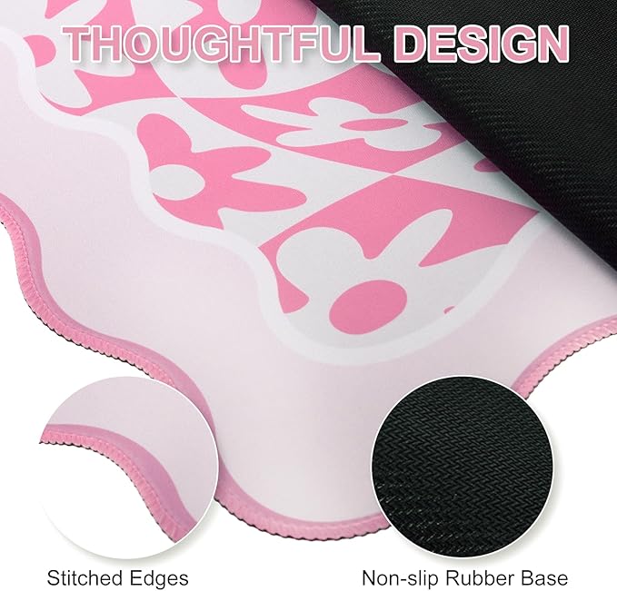 L-SPOUTTO Pink Mouse Pad,Retro Desk Mat XXL Large Scalloped Gaming Mousepad,35.4x15.7in Non-Slip Rubber Base Keyboard Pad Waterproof Desktop Mat for Laptop Computer Work Game Home Office-Pink Daisy