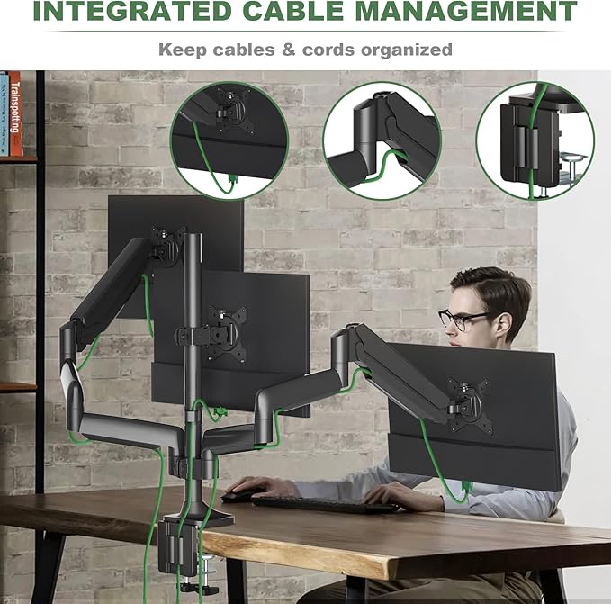 Triple Monitor Stand for Three Computer Screens up to 32”, Heavy Duty C-Clamp Base, Fully Adjustable Gas Spring 3 Monitor Desk Mount Arms Hold up to 30.9 lbs Each