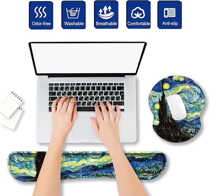 ARTSO Ergonomic Mouse Pad with Wrist Rest, Comfortable Keyboard Wrist Rest, Memory Foam Mousepad for Computer Keyboard, Mouse Pad Set for Easy Typing & Comfort, Starry Sky Oil Painting