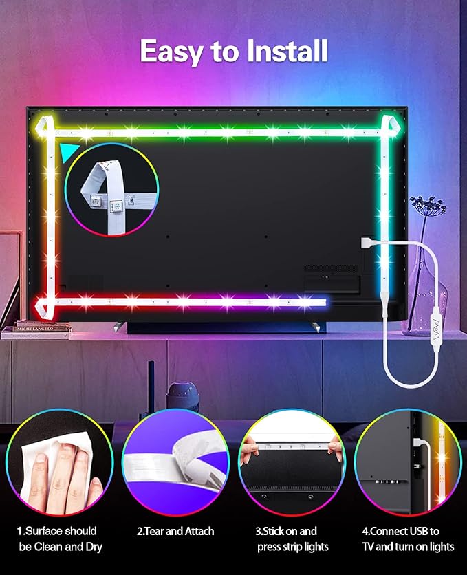 TV Led Backlight, 16.4ft RGB LED Lights for TV Smart Led Lighting for 65-85inch Monitor,USB Strip Lights Behind TV, Color Changing Sync with Music, Bluetooth App Controlled Led Lights for Home Decor