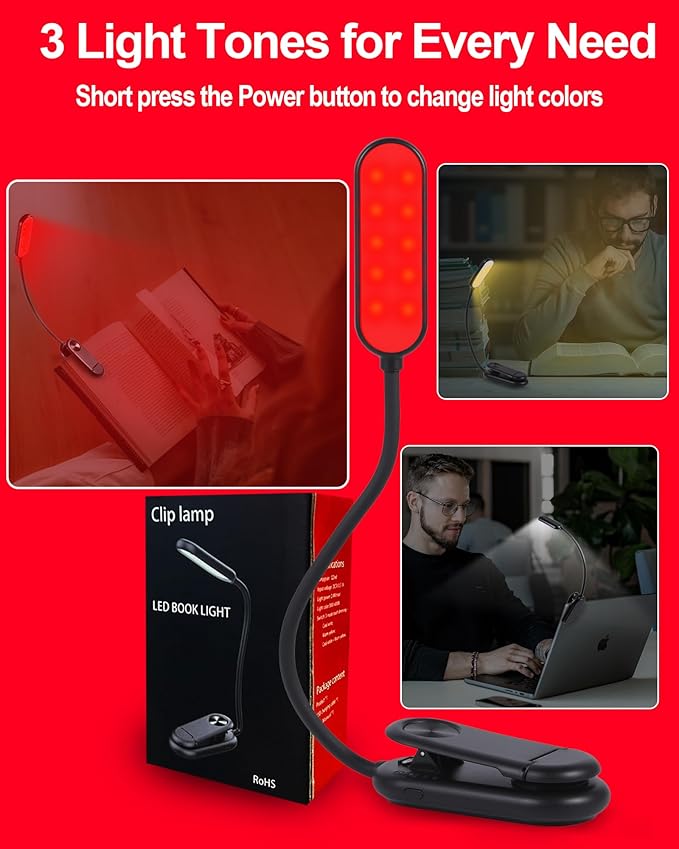 670nm Red Book Light [2 Pack] - Zero Blue Light, Rechargeable Clip On Red Reading Light Lamp for Reading at Night - Poratble Dimmable LED Book Lamp, Gift for Lovers Travel Studying Nursing