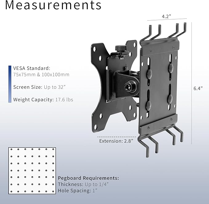 VIVO Articulating Single Monitor Pegboard Mount, Fits Screens up to 32 inches and Peg Boards up to 0.25 inches Thick with 1 inch Hole Spacing, Black, Mount-PB1