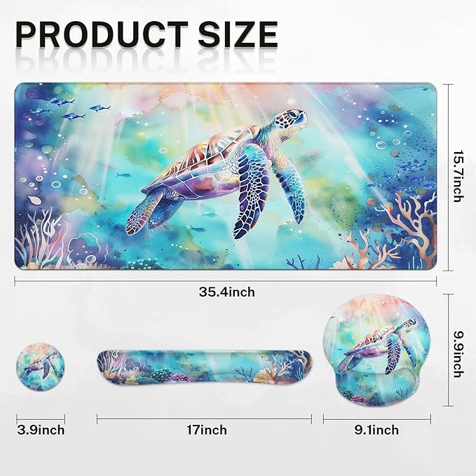 Arttown Sea Turtle Coral Reef Desk Mat Sea World Mouse Pad Set 4 in 1 Animal Ergonomic Design Large Desk Pad + Keyboard Wrist Rest + Mouse Wrist Rest + Coaster Suitable for Home Office Study Game
