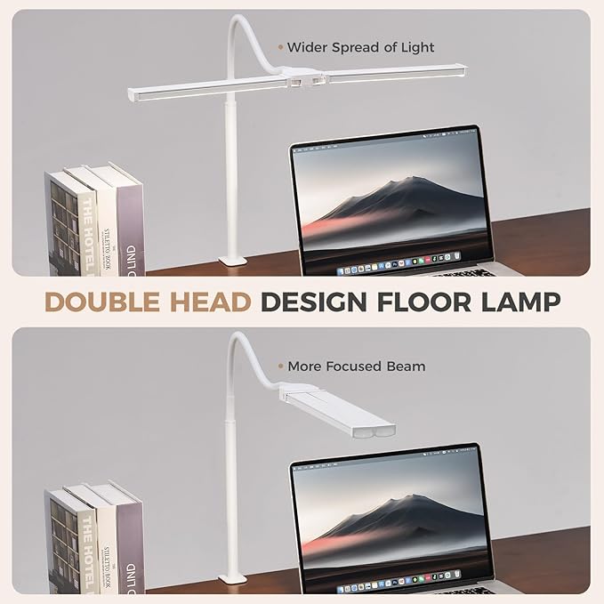 LED Desk Lamp for Home Office, Double Head Architect Light with Clamp, Computer Monitor Clip on Light, 3 Modes and 10 Brightness, Adjustable Flexible Goose-Neck, Table Task Lamp, White