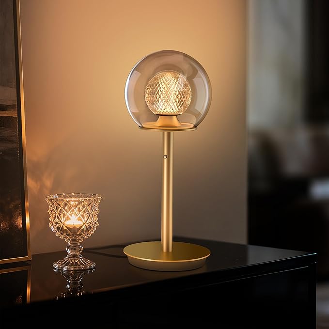 Tubicen Gold Bedside Table Lamp Plug in Dual-Globe Glass Shade Art Decor Table Lamp Memory Function Modern LED 4-Stage Touch Dimmable Desk Table Lamps for NightStands Bedroom Home Office 14.5 Inch