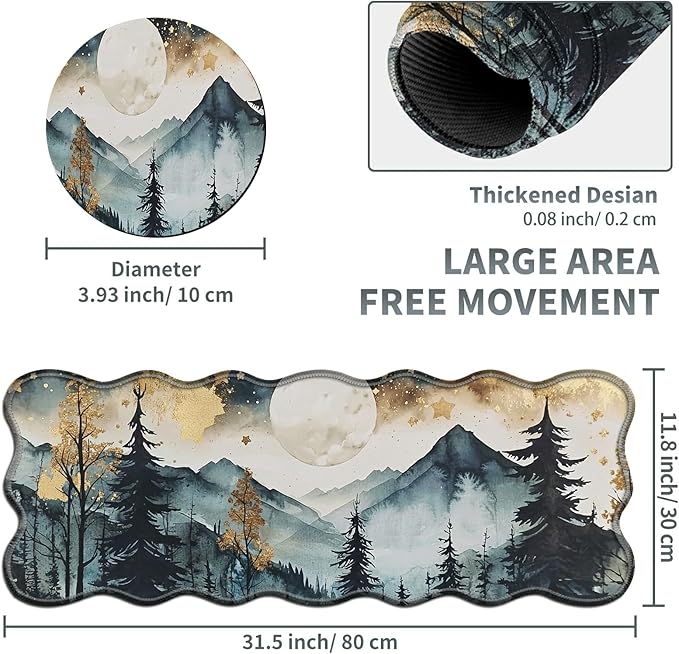 Landscape Forest Large Gaming Mouse Pad Plus a Coaster, 31.5 x 11.8 inches Desk Mat Extended XL Mousepad with Stitched Edge Non-Slip Rubber, Desk Pad Computer Mouse Mat for Home Office