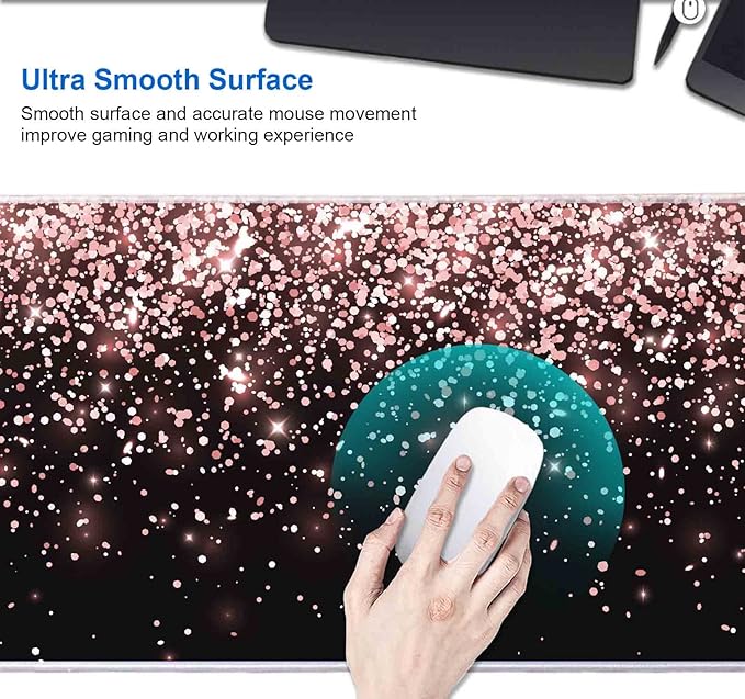 IMAYONDIA Gaming Mouse Pad, Large Non-Slip Rubber Base Mousepad with Stitched Edges, Keyboard Mouse Mat Desk Pad for Work, Game, Office, 31.5x11.8 Inch - Rose Gold Black Glitter Luxury