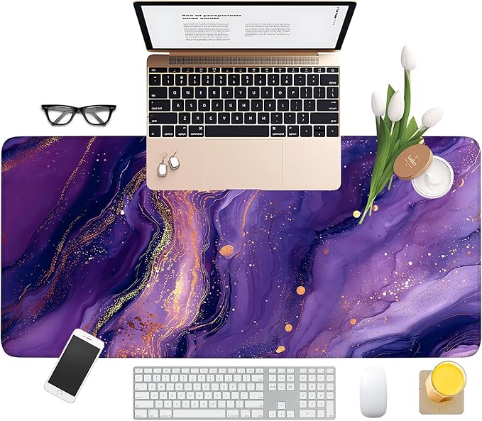 Purple Marble Extended Gaming Mouse Pad 35.4x15.7Inch Large Desk Mat Anti-Slip Rubber Base & Durable Stitched Edges for Gamers Smooth Mouse Writing Surface for Desk Office/Home