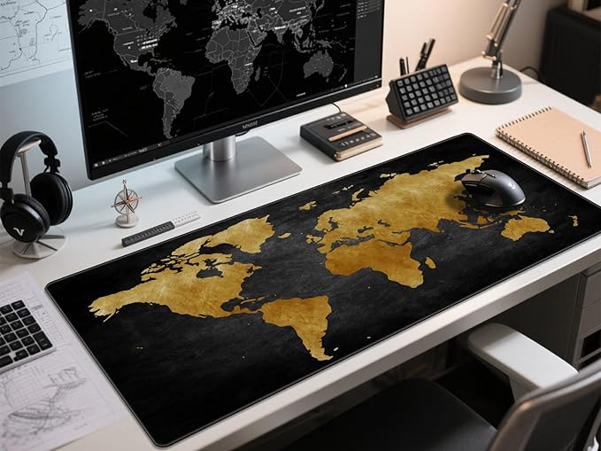 Mouse Pad Desk Mat, Multifunctional Large Gaming Mousepad, Office Desk Pad with Washable Durable Design, Keyboard Pad in Black World Map