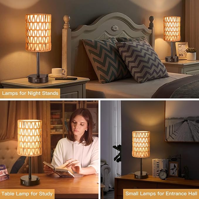 Rattan Table Lamps for Living Room, 3 Way Dimmable Touch Lamps, Small Bedside Lamps with LED Bulbs, Phone Stand, USB Ports and AC Outlet, Boho Nightstand Lamp for Kids Room, Bedroom, Office (1 Pack)
