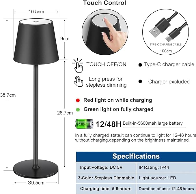 Pack of 2 Dimmable LED Battery Table Lamps, Touch Wireless Table Lamp with USB-C, Metal LED Rechargeable Battery Table Lamp for Outdoor and Indoor, Aluminium, IP44 Waterproof, 5600 mAh, 5 W, Black