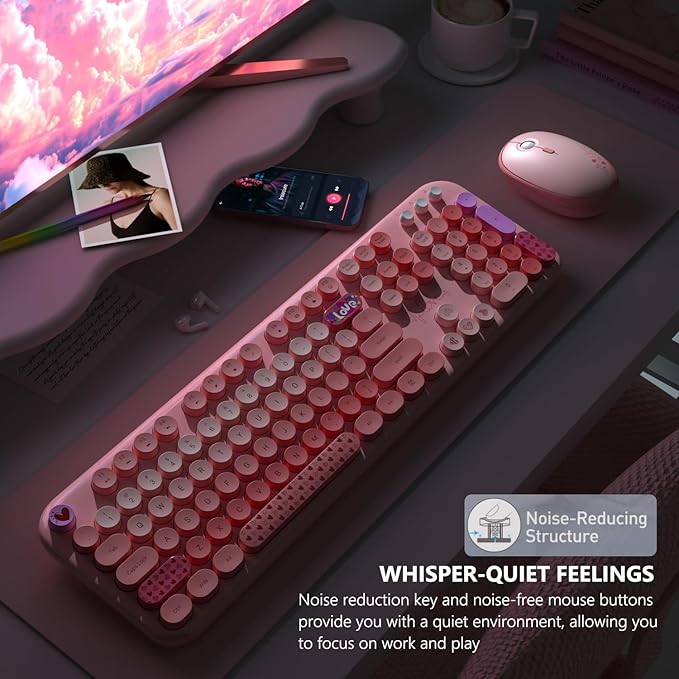 Wireless Keyboard and Mouse Combo, 104 Round Keys Full-Size Cute Colorful Pink Cordless Keyboard and Mouse with Retro Typewriter for PC/Mac/Laptop/Tablet/Computer/Windows Pink