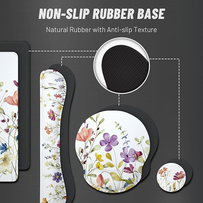 Ovenbird Mouse Pad Set 4-in-1 | Large Gaming Mousepad, Keyboard Wrist Rest, Mouse Wrist Support, Coaster | Ergonomic Office Desk Mat Accessories for Women Men | 4PCS, 35.4 x 15.7in, White Floral