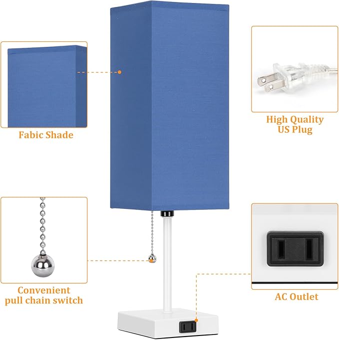 18'' Table Lamp for Bedroom set of 2,3-Color Bedside Lamps with Pull Chain Table Lamps for Night stands ,Small Night Light Lamps with 2 Bulbs Lamps for Living Room Kids Room Office Decor（Blue+White）