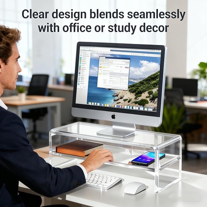 Acrylic Monitor Stand - 16/20 inch 2 Tier Riser for iMac, PC, Desktop, Laptop, TV with Storage Shelf, Home Office Desk Organizer