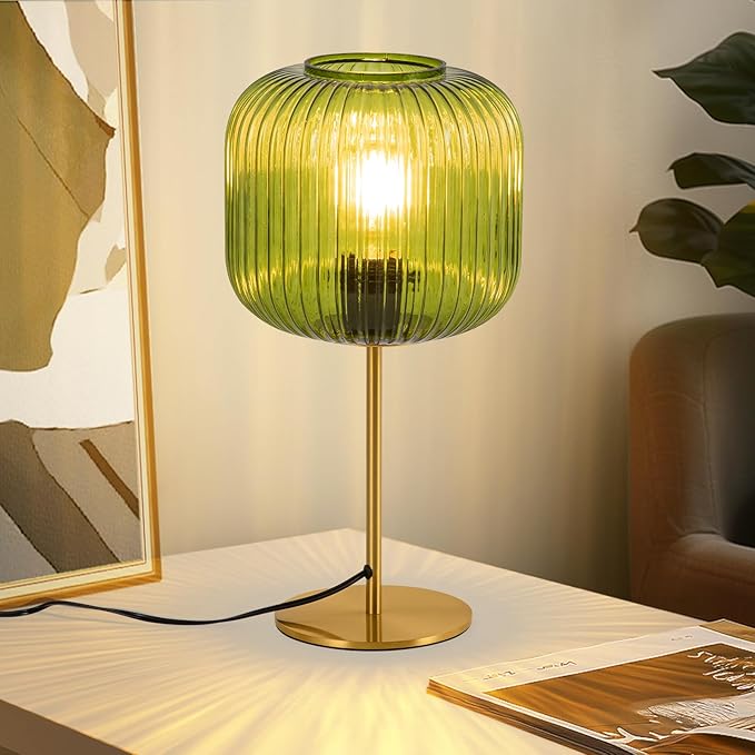 Vintage Glass Table Lamps, Small Green Bedside Table Lamp with Plug-in Style, Mid Century Modern Globe Nightstand Lamp for Bedroom, Gold Desk lamp for Bedroom Living Room Office
