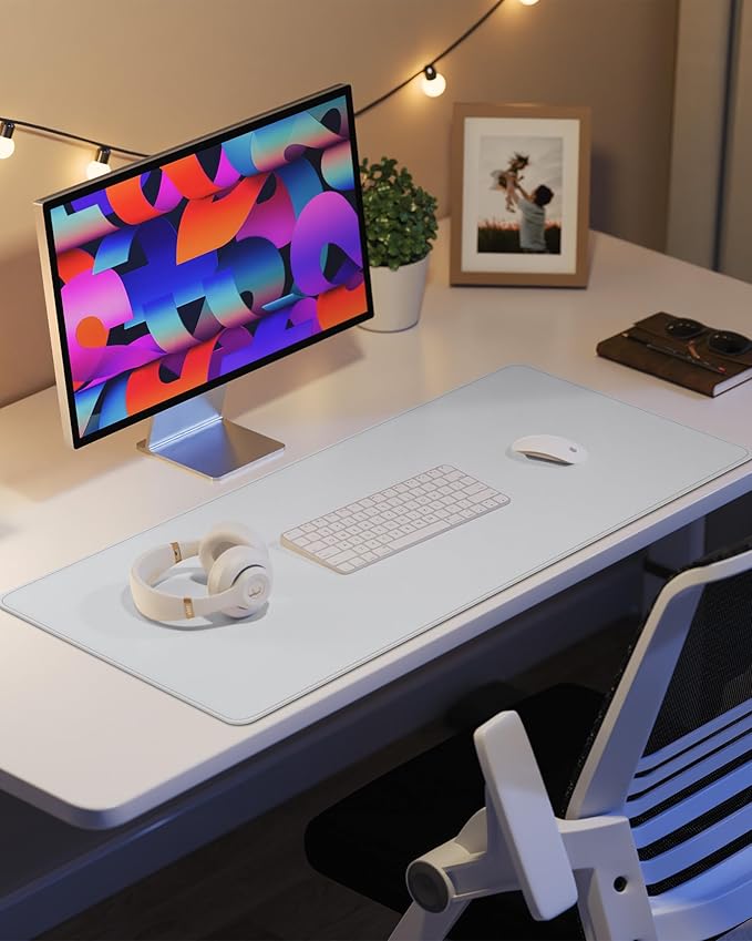 Leather Desk Pad Protector, Mouse Pad, Office Mat, Non-Slip PU Leather Blotter, Laptop Pad, Waterproof Writing Pad for Office and Home (White, 31.5" x 15.7")