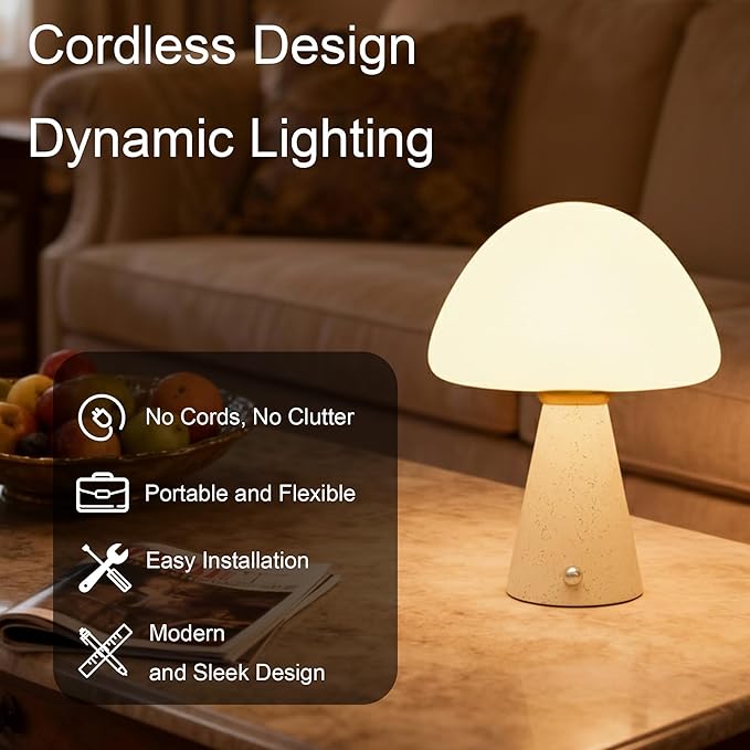 10.2 inch Mushroom Lamp, Cute Cordless Rechargeable Table Lamp with Glass Shade, 3 Color Temps LED Dimmable Ambient Lighting, Small Retro Touch Bedside Light for Decor, Resin Base.