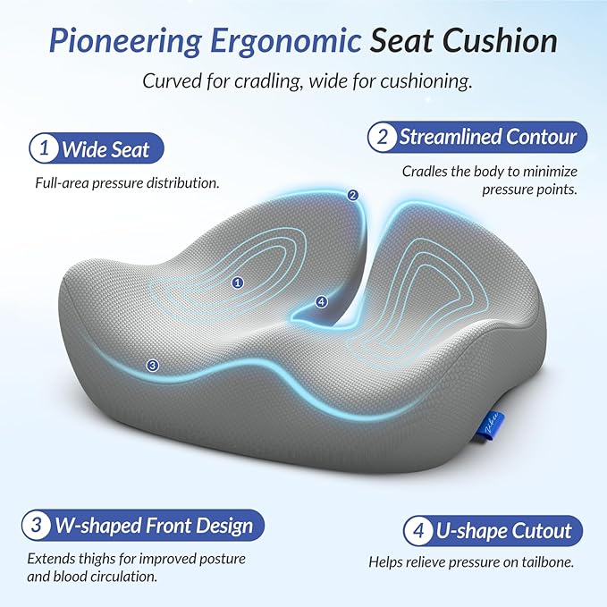 ZIKEE Pioneering Seat Cushion for Pressure Relief, Ergonomic Office Chair Cushion for Coccyx, Back & Lumbar Support, High-Density Memory Foam Car Seat Cushion with Anti-Slip Base