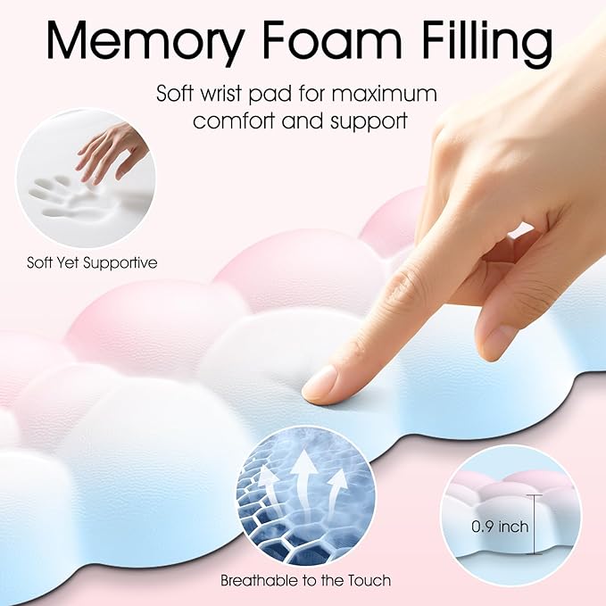 Cloud Wrist Rest for Computer Keyboard, 4-in-1 Memory Foam Leather Cloud Keyboard Wrist Rest and Mouse Pad Set with Ergonomic Support for Arm and Palm Cushion, Gaming/Work Setup, Rainbow