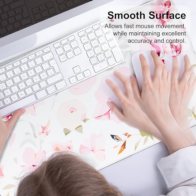 Colorful Star Floral Mouse Pad, Watercolor Pink Flowers Large Desk Mat, Computer Keyboard and Mouse Mat, Cute Office Decor Women Girls Desk Accessories Work Home Office Suppliers, 31.5"x15.7"