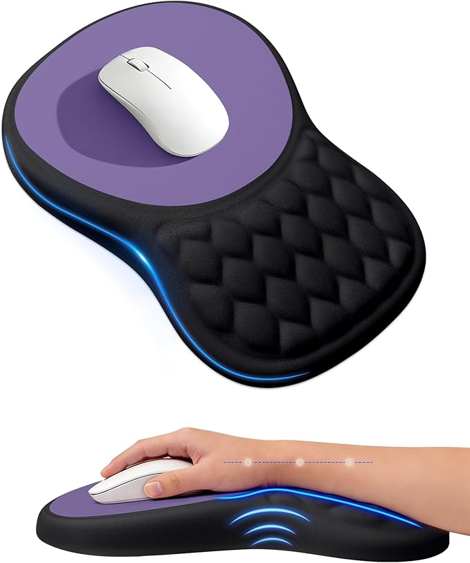 Ergonomic Mouse Pad with Wrist Rest, Slope Design Memory Foam Support, Smooth Lycra Surface, Non-Slip PU Base, Comfortable Mouse Mat for Office, Home, Computer Desk (Black&Purple)
