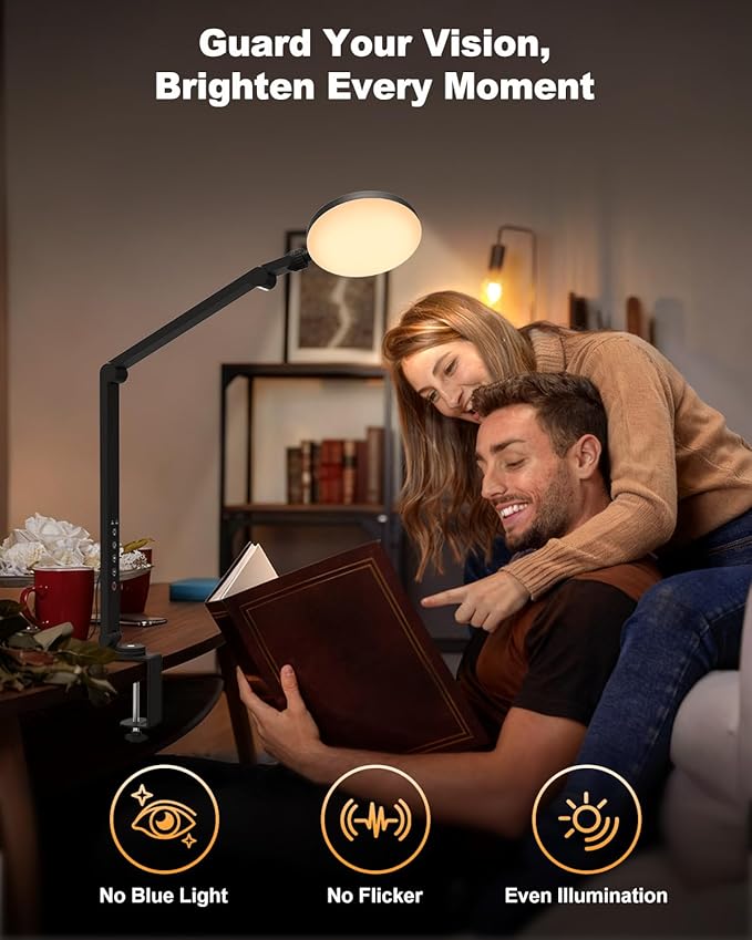 Desk Lamp, 16W LED Desk Light with Clamp & Adjustable Arm for Home Office Video Calls, Touch Control Eye-Care Light for Reading with 5 Color Temps (1700K-6000K) & 10 Brightness, Timer 0.5H/1H