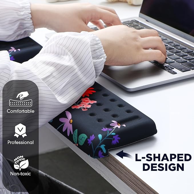 2 Pcs L-Shaped Desk Wrist Rest Elbow Pad Set Desk Edge Rest Cushion Non-Slip Memory Foam Arm Padding Wrist & Forearm & Elbow Comfort Support for Table or Table Edge(Floral Style)