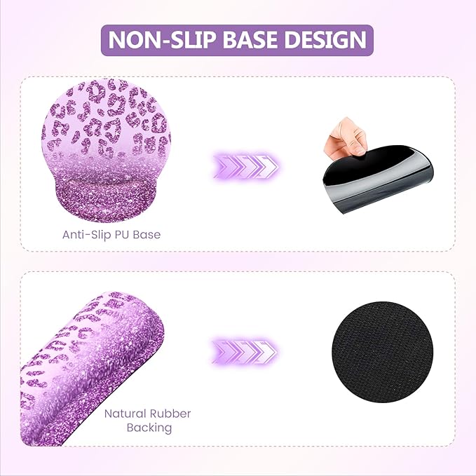 iLeadon Mouse Pad Set, Desk Mat + Mouse Pad with Wrist Rest + Keyboard Wrist Rest + Coaster, 4in1 Large Gaming Mouse Pad Glitter Leopard Mouse and Keyboard Pad Set for Home Office, Purple