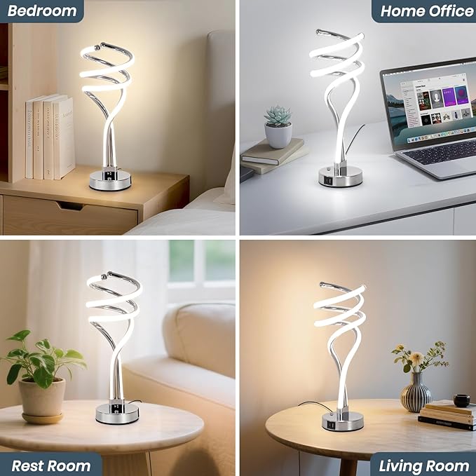 ElDISUNY Modern LED Table Lamp, 3 Color Temperatures,Touch Control CurveDimmable Bedside Table Lamps with USB Ports, Touch Control LED NightstandLamp, Desk Lamp for Living Room, Bedroom -Silver