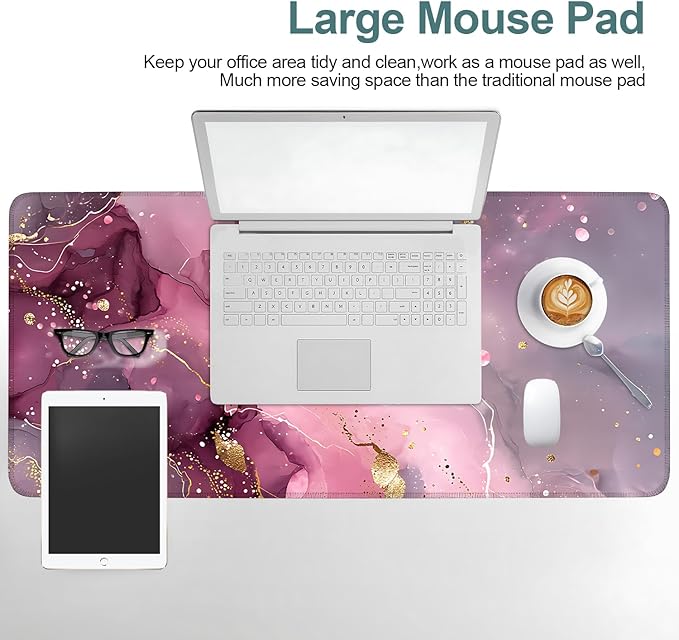 Pink Marble Gaming Mouse Pad 35.4x15.7Inch Large Desk Mat Anti-Slip Rubber Base & Durable Stitched Edges for Gamers Smooth Mouse Writing Surface for Desk Office/Home