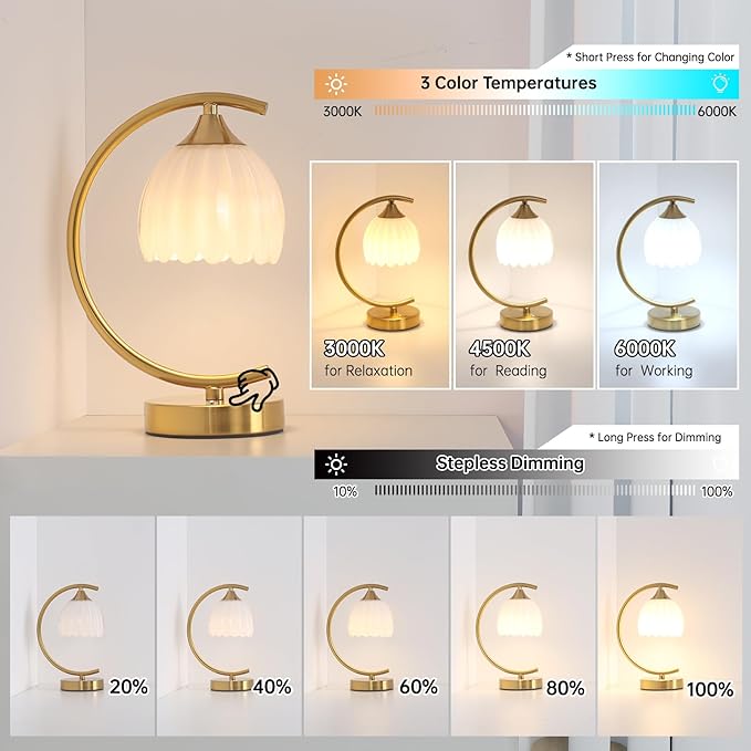 Rechargeable Table Lamp with 5200mAh Battery & Touch Control - 3 Adjustable Color Temperature Bulb, Dimmable Table Light for Bedroom, Office Desk, Nightstand, Home Decor(White, 1 Pack)