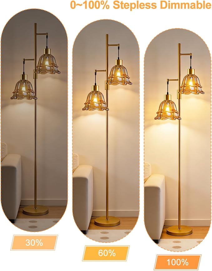 2-Light Gold Dimmable Floor Lamp for Living Room, 65IN Tall Standing Lamps with Brown Glass Lampshade, 3000K Warmwhite Mid Century Modern Floor Lamp for Bedroom/Sofa Beside/Corner Decor