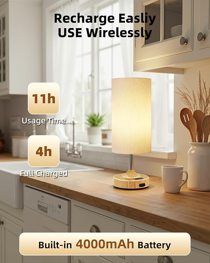 EZVALO Cordless Table Lamp, Ambient Light, Dimmable, Touch, Timer, 2700K, Bedroom, Portable, LED, Wireless, Rechargeable, Battery Operated, Desk Lamp, Fabric Shade, Wood-Grain Finish, Living Room