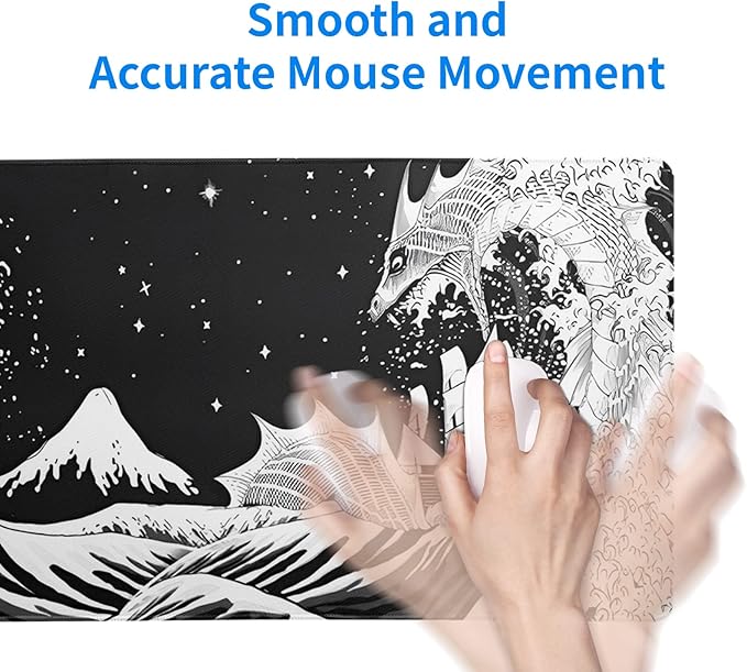 Black and White Japanese Wave Dragon Gaming Mouse Pad - Abstract Mat with Non-Slip Rubber Base, 31.5x11.8 Inch, Stitched Edges - Desk Pad for Office and Home