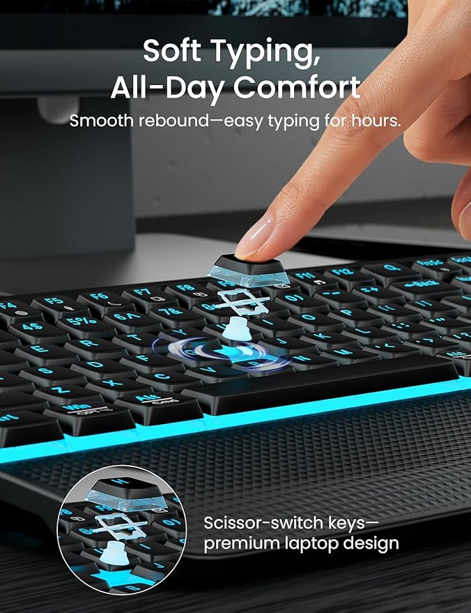 Wireless Keyboard and Mouse Combo,SABLUTE KM25Pro Rechargeable Backlit Ergonomic Keyboard with 4000mAh Battery, Wrist Rest and Phone Holder, Quiet for PC/Mac/Laptop/Windows/Chrome OS