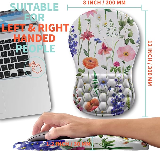 Ergonomic Mouse Pad Wrist Support with Memory Foam Massage Bulge, Carpal Tunnel Mousepad Wrist Rest for Mouse(12x8 inch, Flowers)